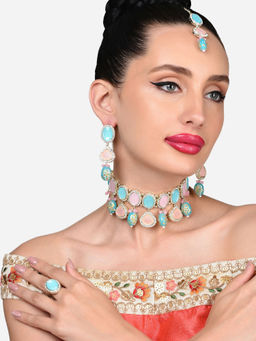 Zaveri Pearls - Turquoise Blue Pink Necklace Earring Maangtikka Ring Set-ZPFK15977