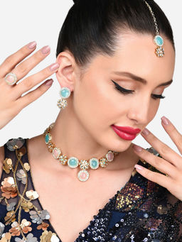 Zaveri Pearls - Turquoise Blue Pink Necklace Earring Maangtikka Ring Set-ZPFK15978