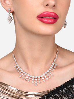 Zaveri Pearls - Rose Gold Cubic Zirconia Brass Necklace and Earring Set-ZPFK15981