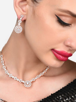 Zaveri Pearls - Rose Gold Cubic Zirconia Brass Necklace and Earring Set-ZPFK15982