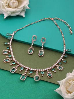 Zaveri Pearls - Mint Green Cubic Zirconia Brass Necklace and Earring Set-ZPFK15983