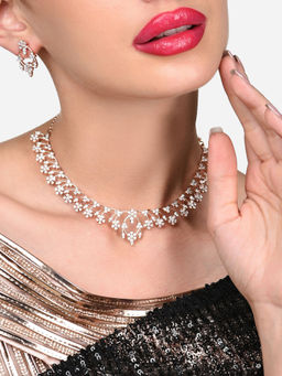 Zaveri Pearls - Rose Gold Cubic Zirconia Brass Necklace and Earring Set-ZPFK15984