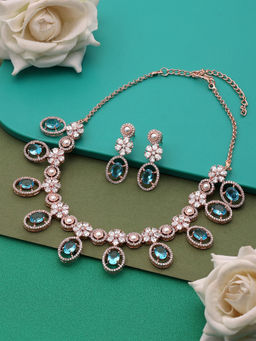 Zaveri Pearls - Turquoise Blue Cubic Zirconia Brass Necklace and Earring Set-ZPFK15990