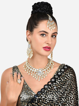 Zaveri Pearls - Gold Kundan Meenakari Necklace Earring Maangtikka Ring Set-ZPFK15996