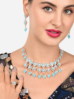 Zaveri Pearls - Turquoise Blue Stones Beads Drop Necklace Earring and Ring Set-ZPFK16016