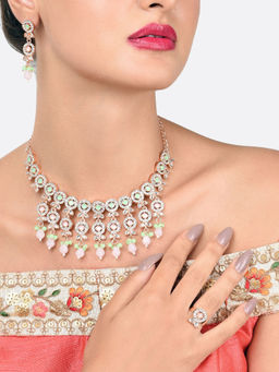 Zaveri Pearls - Green & Pink Stones Beads Drop Necklace Earring and Ring Set-ZPFK16017