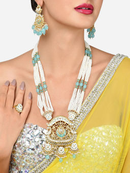 Zaveri Pearls - Turquoise Blue White Meenakari Necklace Earring Ring Set-ZPFK16018