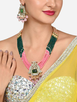 Zaveri Pearls - Green Pink Multistrand Peacock Kundan Necklace Earring Set-ZPFK16020