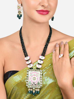 Zaveri Pearls - Green Pink Peacock Lotus Meenakari Necklace Earring Ring Set-ZPFK16021