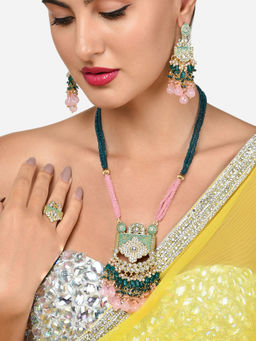 Zaveri Pearls - Green Pink Multistrand Meenakari Necklace Earring Ring Set-ZPFK16024