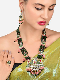 Zaveri Pearls - Multicolor Peacock Meenakari Necklace Earring Ring Set-ZPFK16025