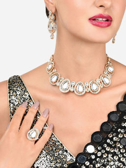 Zaveri Pearls - Gold Kundan Austrian Diamonds Necklace Earring and Ring Set-ZPFK16068