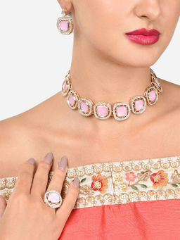 Zaveri Pearls - Pink Stones Austrian Diamonds Necklace Earring and Ring Set-ZPFK16074