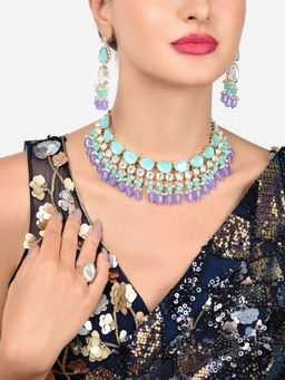 Zaveri Pearls - Turquoise Blue Purple Kundan Choker Necklace Earring and Ring-ZPFK16077