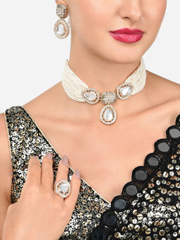 Zaveri Pearls - Gold Multistrand Kundan Choker Necklace Earring and Ring Set-ZPFK16078
