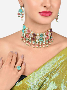Zaveri Pearls - Multicolor Cluster Kundan Choker Necklace Earring and Ring Set-ZPFK16079
