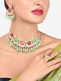 Zaveri Pearls - Multicolor Cluster Kundan Choker Necklace Earring and Ring Set-ZPFK16080