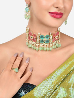Zaveri Pearls - Multicolor Cluster Kundan Choker Necklace Earring and Ring Set-ZPFK16082