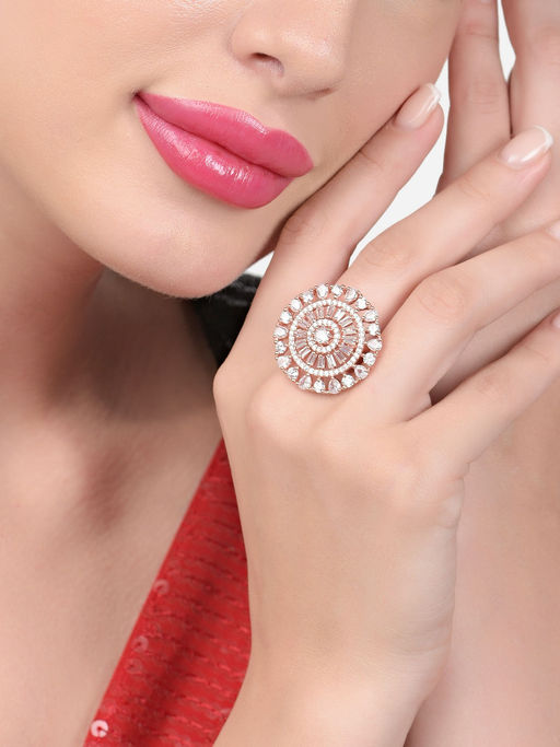 Zaveri Pearls Rose Gold Cubic Zirconia Party Brass Adjustable Finger Ring-ZPFK16099