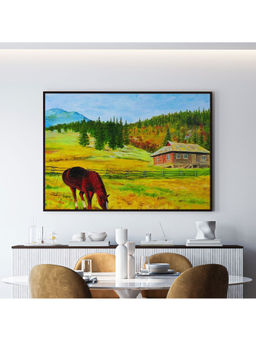ARTCREST - Landscape, Horse Near the House Large Painting Black Box Framed Canvas Wall Art