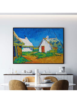 ARTCREST - Three White Cottages Large Painting Black Box Framed Canvas Wall Art