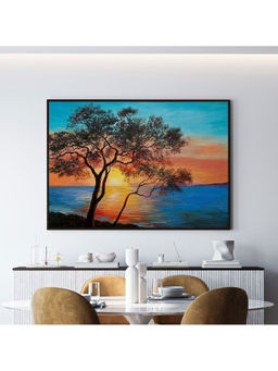 ARTCREST - Tree Near the Lake at Sunset Large Painting Black Box Framed Canvas Wall Art