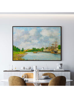 ARTCREST - View of the Port Large Painting Black Box Framed Canvas Wall Art