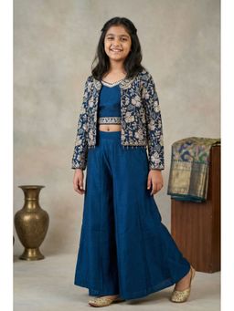 Lagorii - Blue Embroidered Crop Top and Palazzo with Jacket