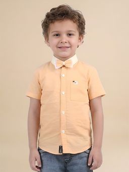 Polka Tots - Orange Cotton Half Sleeve Solid Print Shirt with Dual Bow Tie