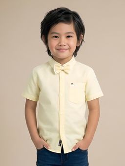 Polka Tots - Yellow Cotton Half Sleeve Solid Print Shirt with Dual Bow Tie