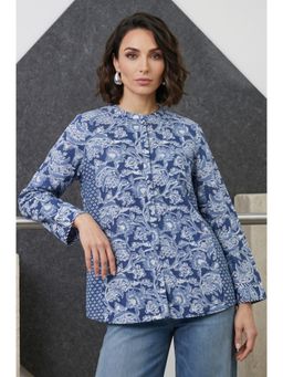Folksong - Women's Blue Block Printed Straight Shirt