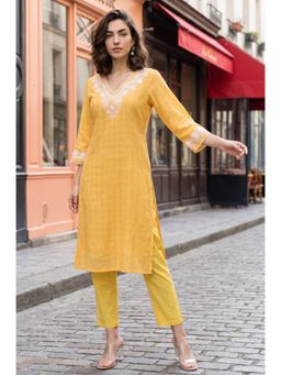 W - Yellow Embroidered Pure Cotton Straight Kurta