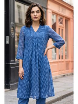 W - Blue Geometric Printed Chiffon Flared Kurta
