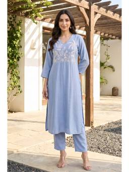 W - Blue Thread Embroidered Straight Kurta