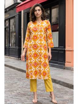 W - Mustard Floral Printed Straight Kurta