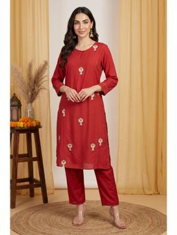 W - Red Metallic Embroidered Straight Kurta