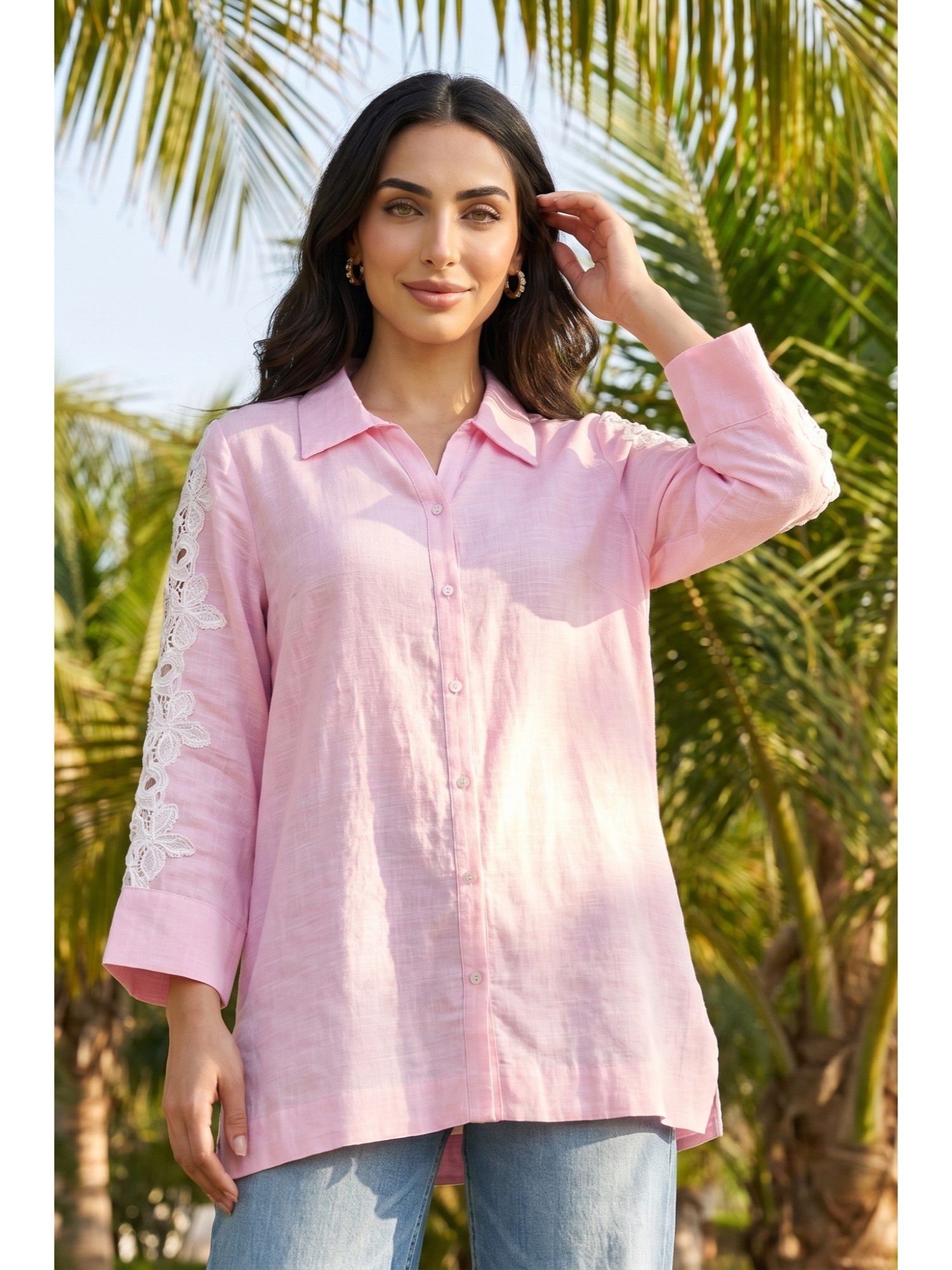 Light Pink Cotton Rayon with Embroidered Sleeves Shirt-picture-38