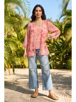 W - Pink Floral Printed Chiffon Top & Jacket