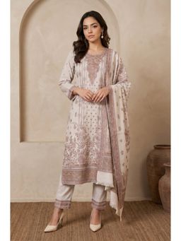 W - Off White Jacquard Straight Winter Kurta With Pant & Dupatta