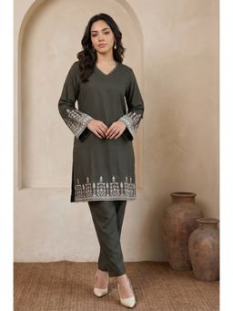 W - Olive Green Thread Embroidered Straight Winter Kurta With Pant & Dupatta
