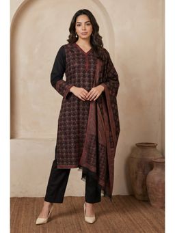 W - Black Yarn Dyed Cotton Blend Straight Winter Kurta With Pant & Dupatta
