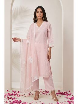 W - Light Pink Embroidered Chanderi Straight Kurta With Pant & Dupatta