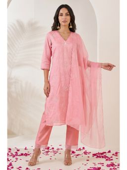 W - Pink Thread Embroidered Chanderi Straight Kurta With Pant & Dupatta