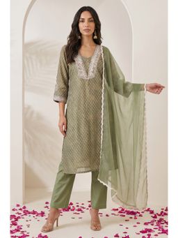 W - Olive Green Embroidered Chanderi Straight Kurta With Pant & Dupatta