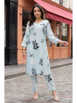 W - Blue Floral Printed Modal Straight Kurta With Pant & Dupatta