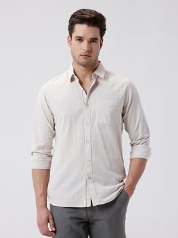 Crocodile - Men Beige Rib Textured Cotton Shirt