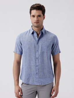Crocodile - Men Blue Rib Textured Cotton Shirt