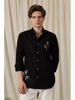 Eszett - Dot Embroidery Bird Black Linen Shirt