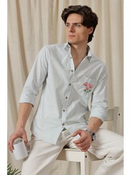 Eszett - Pink Tulips Embroidery Blue Stripes Shirt