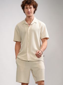 HIGHLANDER - Cream Polyester Blend Textured Co-Ord Set